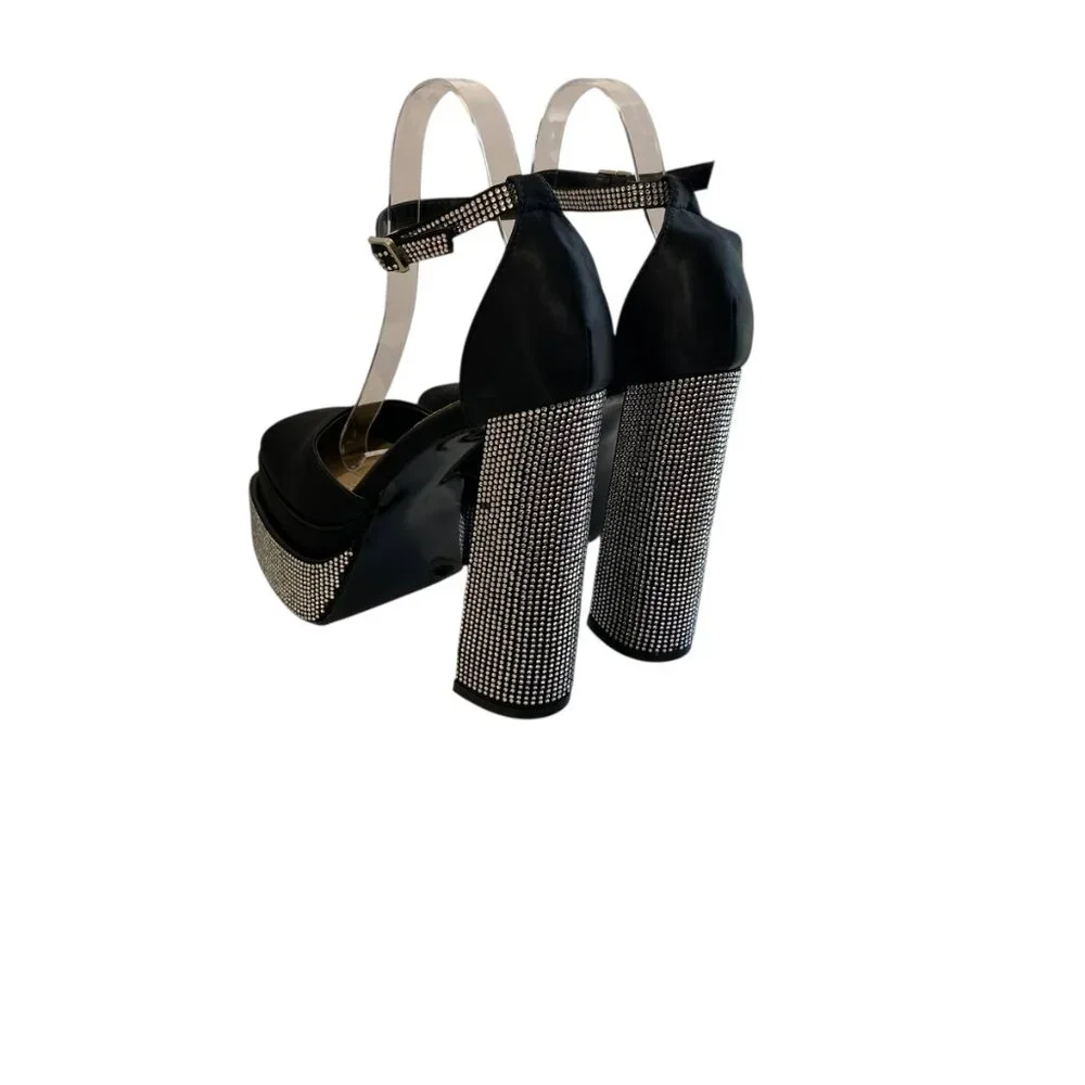 Azalea Wang Sugar Spice Chunky Platform Heels Women 7 Black Studded Satin Bridal